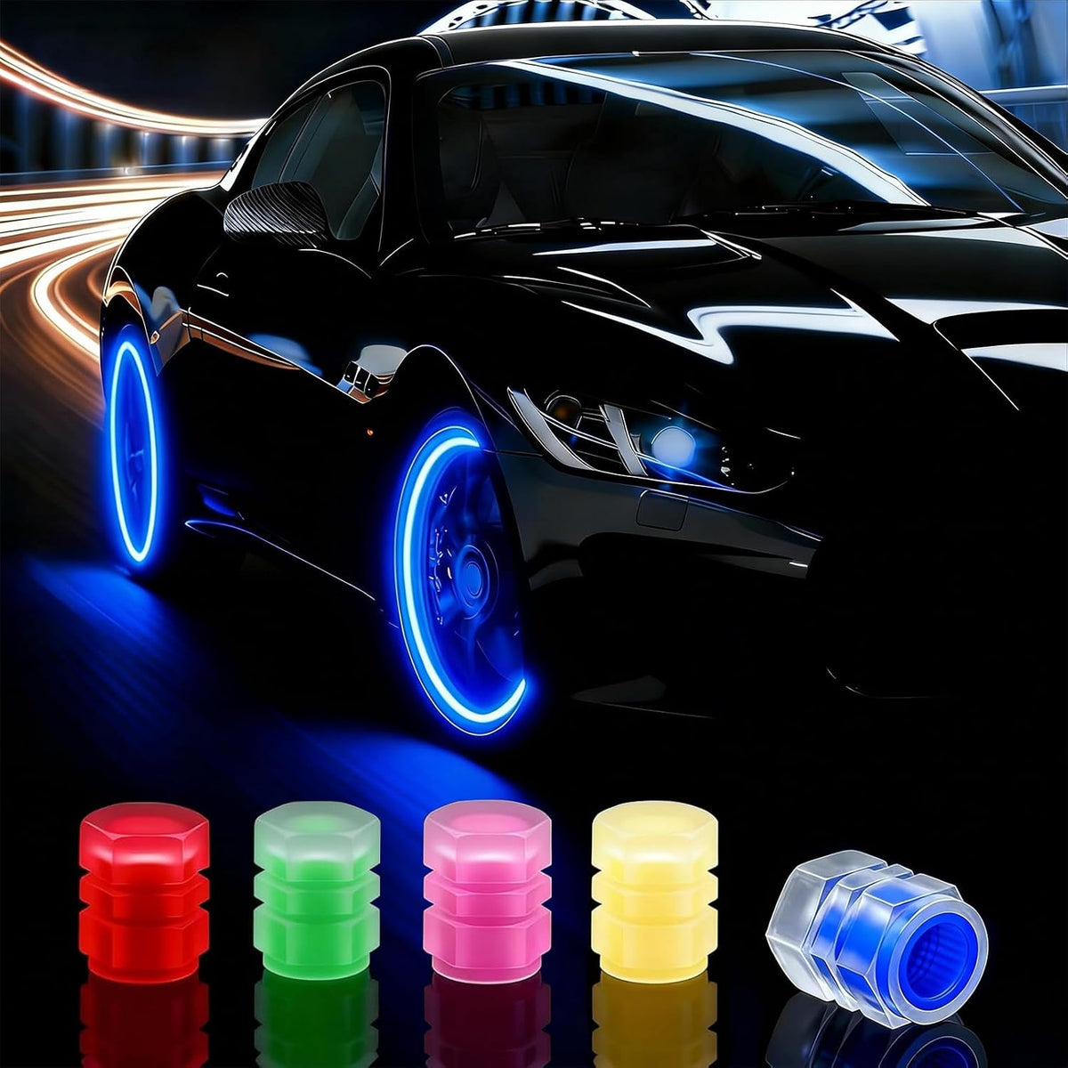 20 colorful glow-in-the-dark tire valve caps