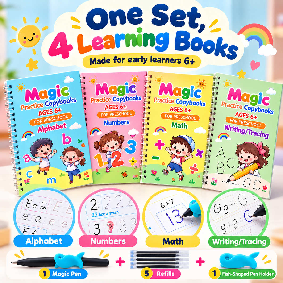 ✍️ Grooved Magic Practice Copybooks – Set of 4 Copybooks +1 Magic Pen, 1 Pen Holder and 5 Refills
