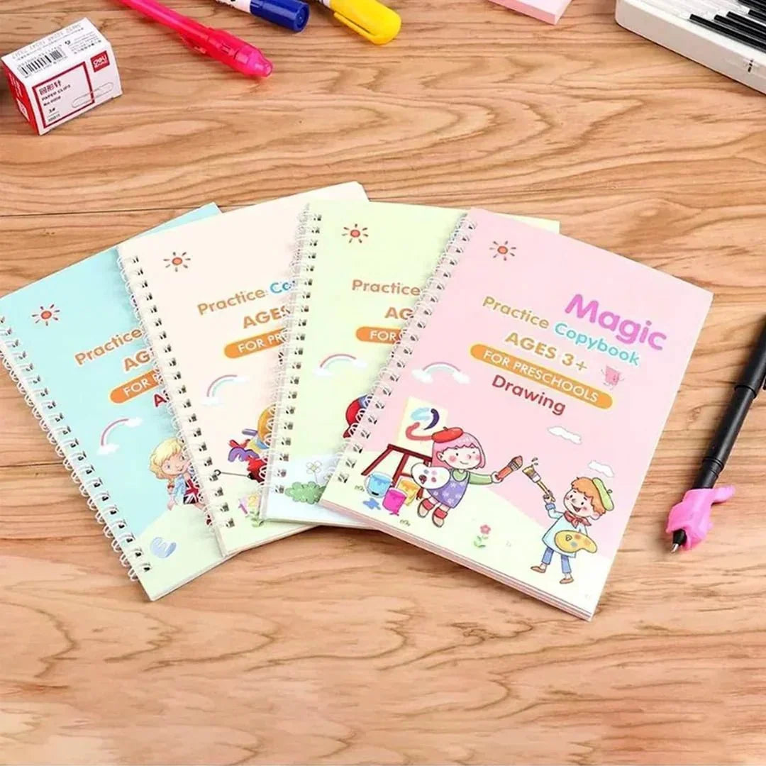 ✍️ Grooved Magic Practice Copybooks – Set of 4 Copybooks +1 Magic Pen, 1 Pen Holder and 5 Refills